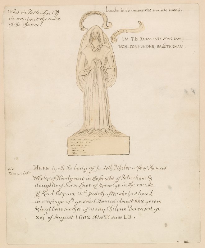 Estatua, tumba de Judeth Wheler que murió el 21 de agosto de 1602 de English School