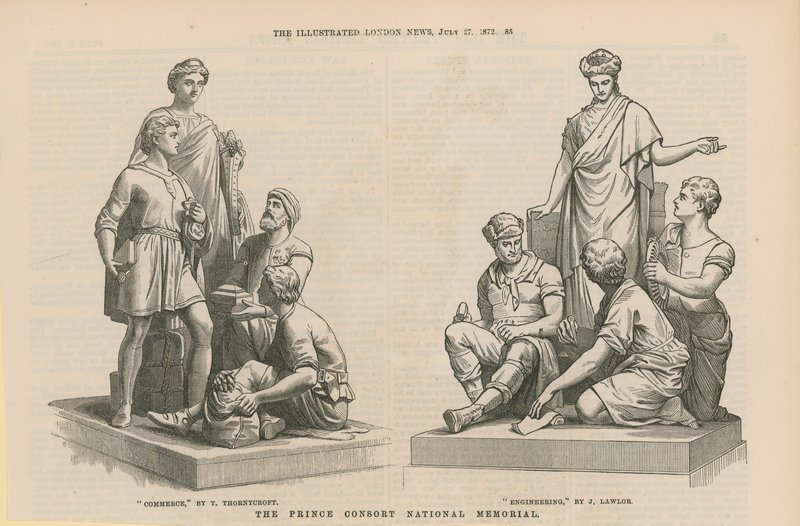 Estatuas que representan el Comercio y la Ingeniería de English School