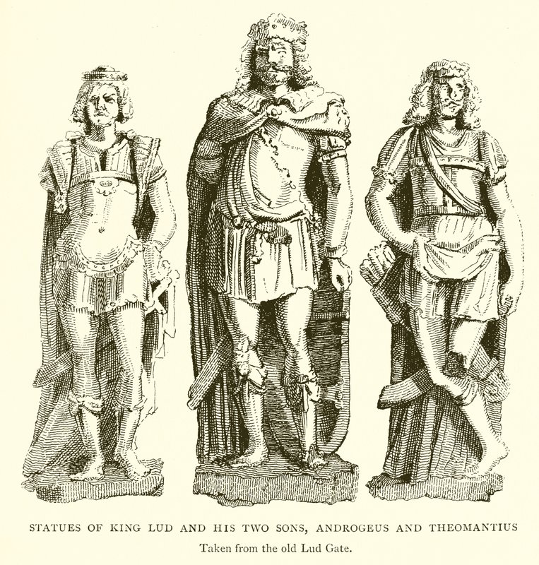 Estatuas del rey Lud y sus dos hijos, Androgeus y Theomantius de English School