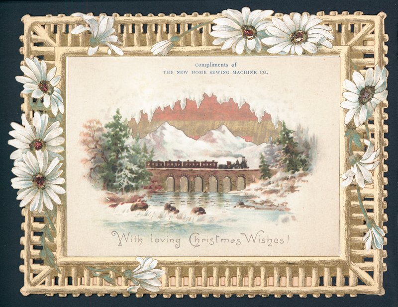 Tren de vapor cruzando puente, tarjeta de Navidad de English School