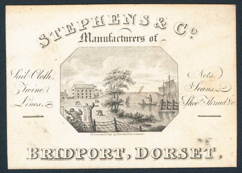 Stephens & Co, fabricantes de lona para velas, redes, cordeles, líneas e hilos para zapatos, tarjeta comercial de English School