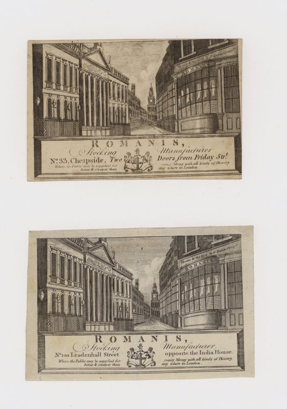 Tarjeta comercial de fabricantes de medias, Romanis, en Cheapside y luego en Leadenhall Street de English School