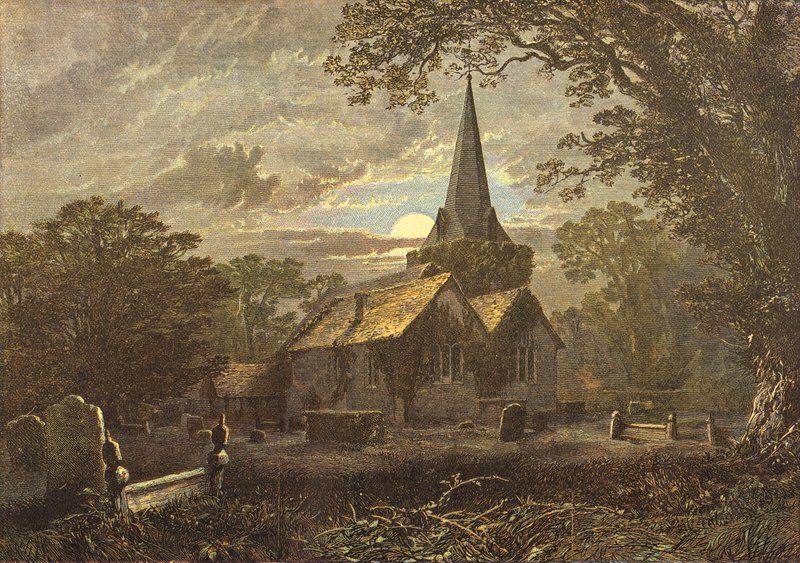 Patio de la iglesia de Stoke Poges, escena de la Elegía de Gray (grabado) de English School