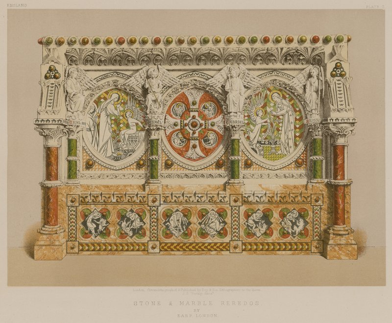 Retablo de piedra y mármol de Earp, Londres (cromolito) de English School