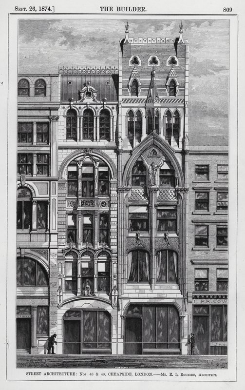 Arquitectura callejera, Nos 48 y 49, Cheapside, Londres (grabado) de English School