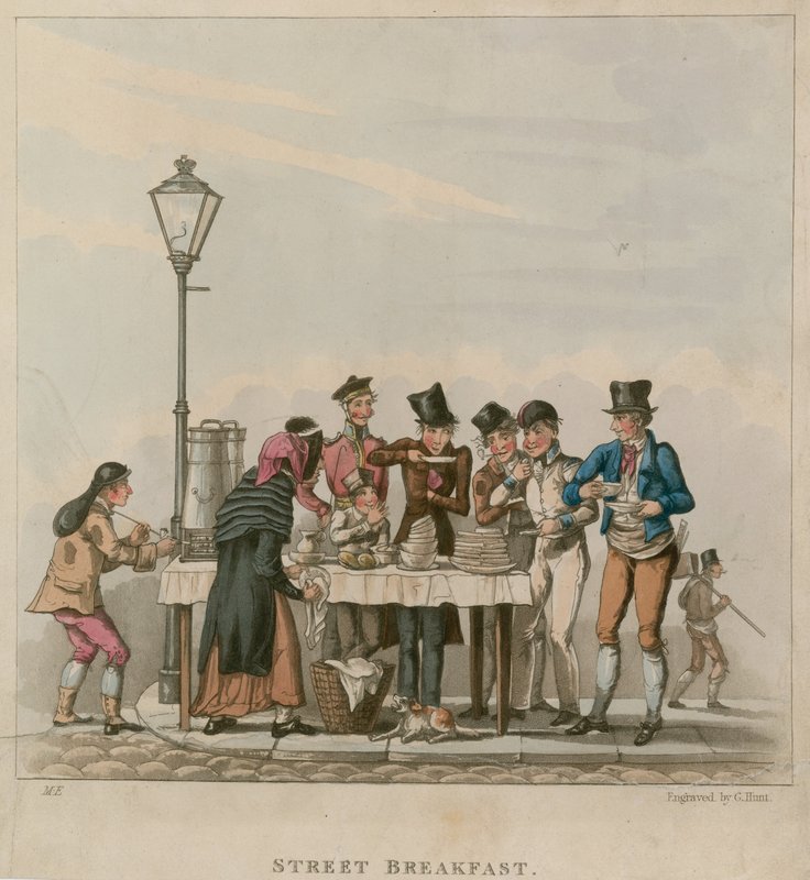 Desayuno en la calle; caricatura de English School
