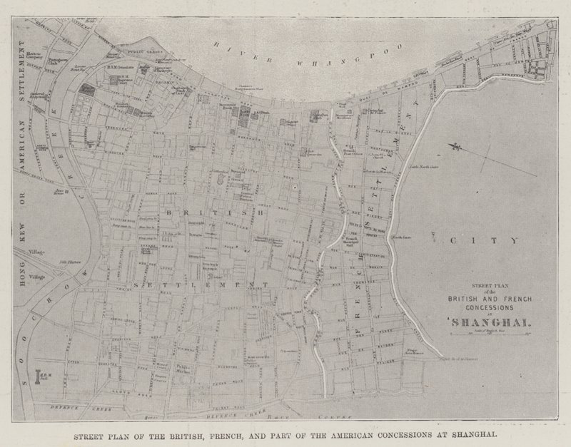 Plano de la Calle de las Concesiones Británicas, Francesas y Parte de las Americanas en Shanghai (grabado) de English School