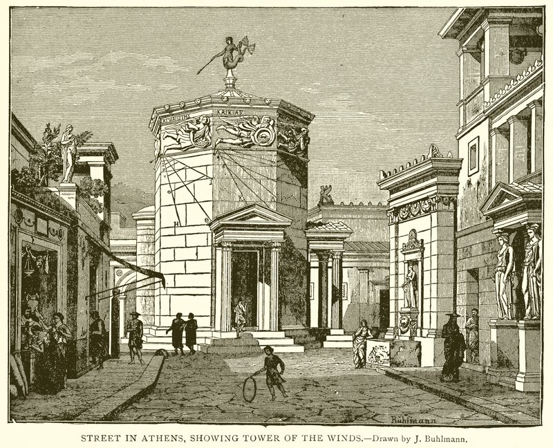 Calle en Atenas, mostrando la Torre de los Vientos de English School