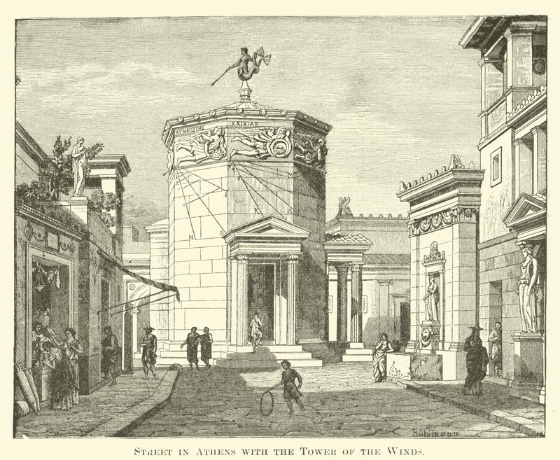 Calle en Atenas con la Torre de los Vientos de English School