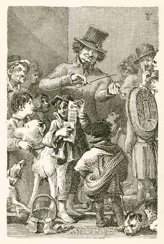 Músico callejero, que imita las notas de los pájaros comunes ingleses de English School
