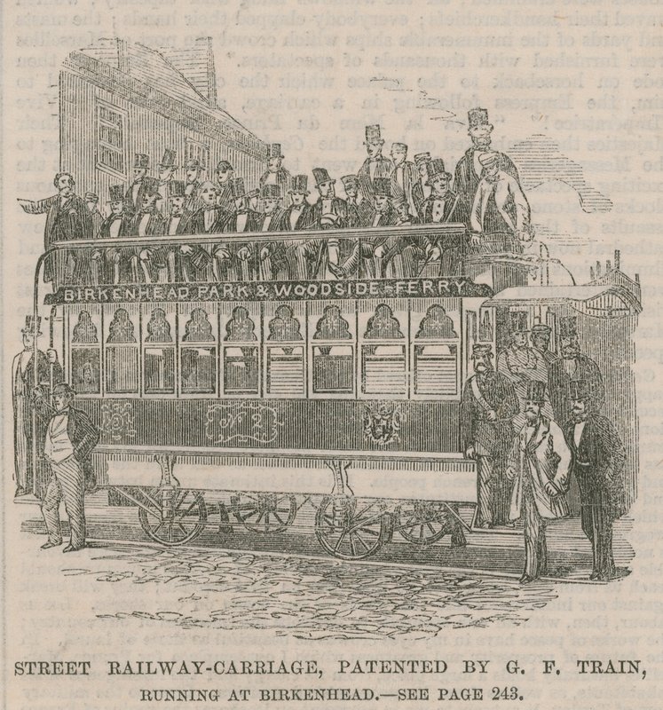 Tranvía de calle, patentado por G F Train, funcionando en Birkenhead de English School