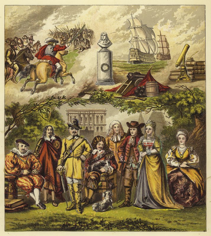 Estuardo, Commonwealth y Casa de Orange; Rey Jacobo I, Rey Carlos I, Oliver Cromwell, Rey Carlos II, Rey Jacobo II, Guillermo y María, Reina Ana de English School