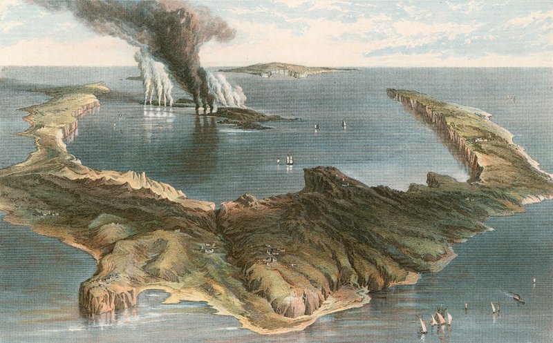 Volcán submarino - la isla de Santorini, durante la erupción de 1866 de English School