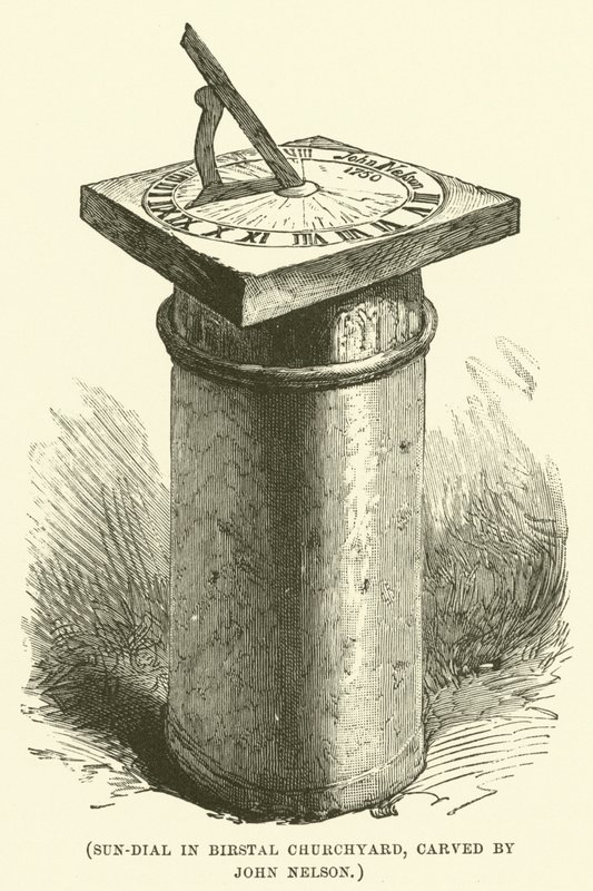 Reloj solar en el cementerio de Birstal, tallado por John Nelson (grabado) de English School