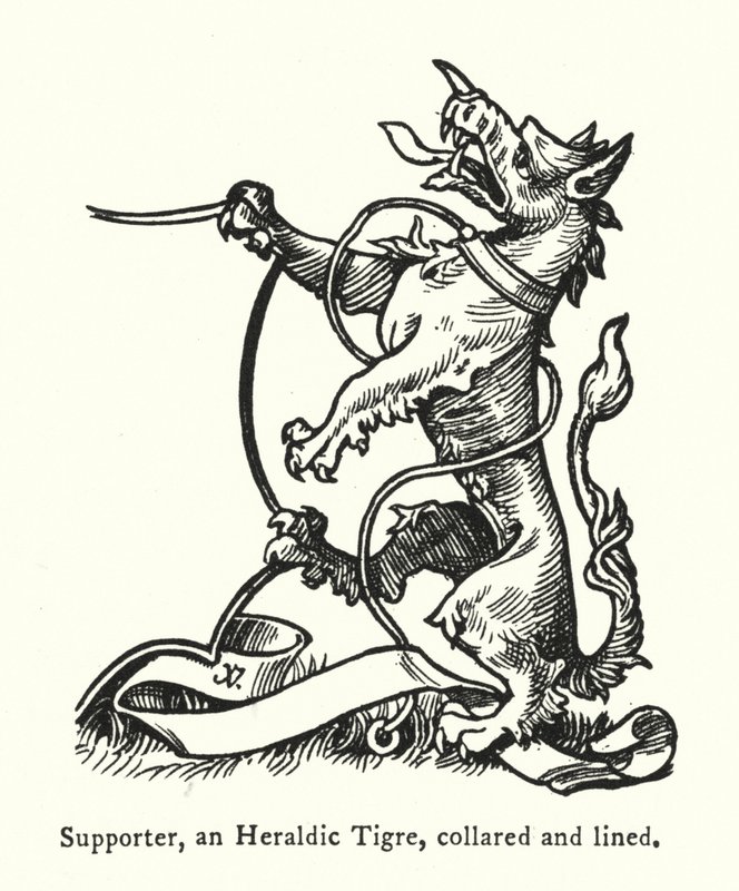 Soporte, un Tigre heráldico, con collar y línea de English School