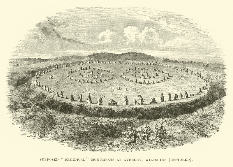 Supuestos monumentos druidas en Avebury, Wiltshire, restaurados de English School