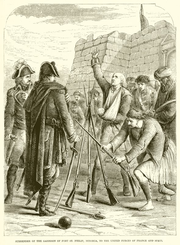 Rendición de la guarnición de Fort St. Philip, Menorca, a las fuerzas unidas de Francia y España de English School