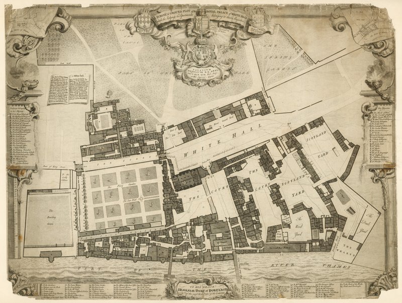 Encuesta y plano del Palacio Real de Whitehall, 1680, con los alojamientos y apartamentos pertenecientes a sus Majestades de English School