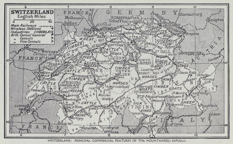 Suiza, Principales características comerciales de la República montañosa (litografía) de English School