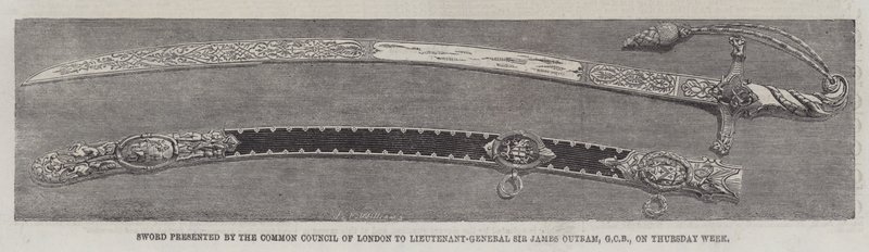 Espada presentada por el Consejo Común de Londres al Teniente General Sir James Outram, GCB, el jueves de la semana (grabado) de English School