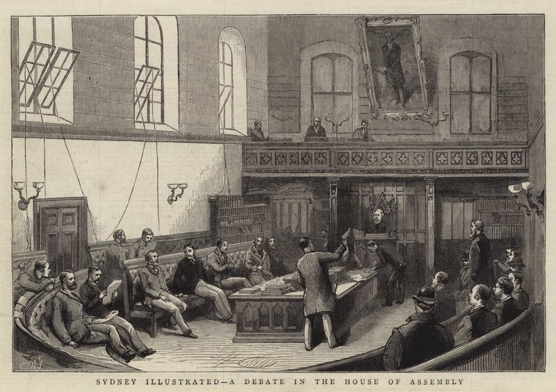Sídney Ilustrado, un Debate en la Cámara de la Asamblea (grabado) de English School