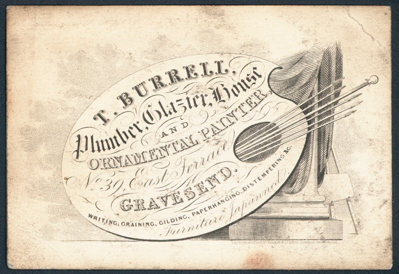 T Burell, fontanero, vidriero, pintor de casas y ornamental, tarjeta comercial de English School