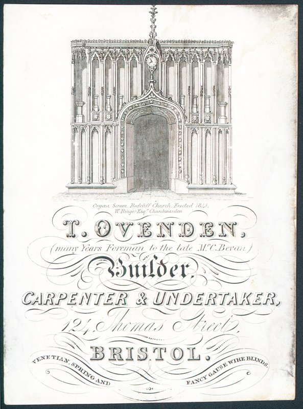 T Ovenden, constructor, carpintero y funerario, tarjeta comercial de English School