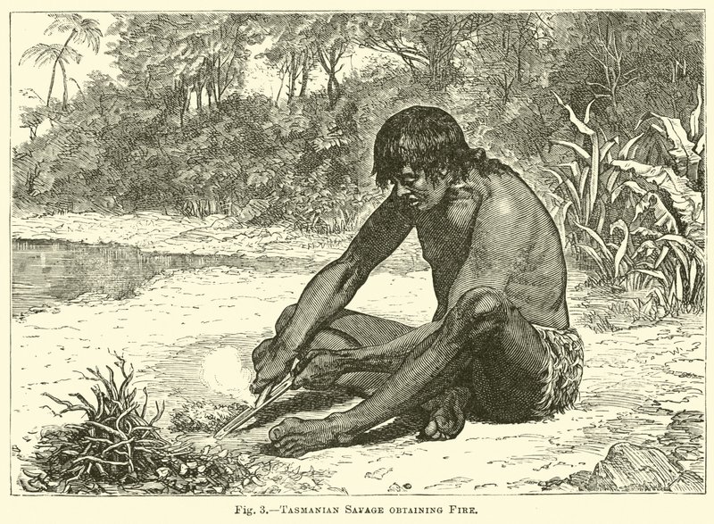 Salvaje de Tasmania obteniendo fuego de English School