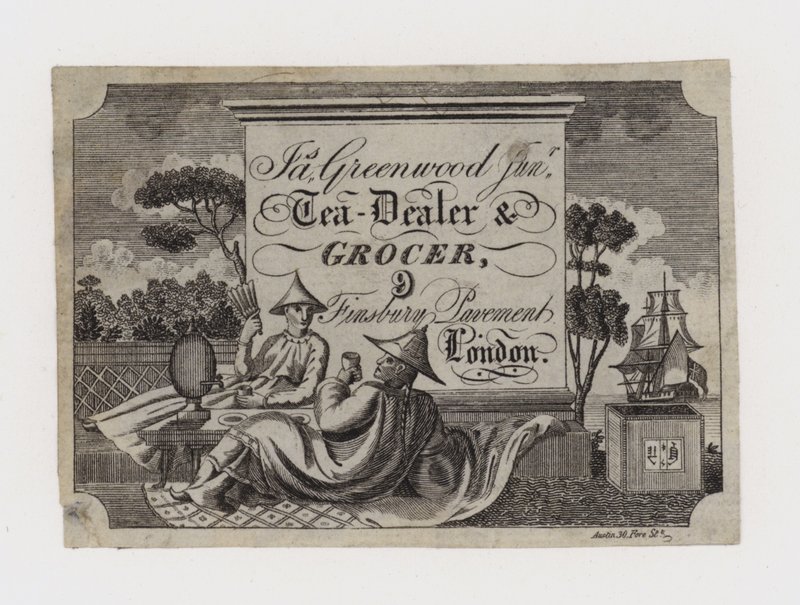 Tarjeta comercial de comerciante de té y tendero, James Greenwood de English School