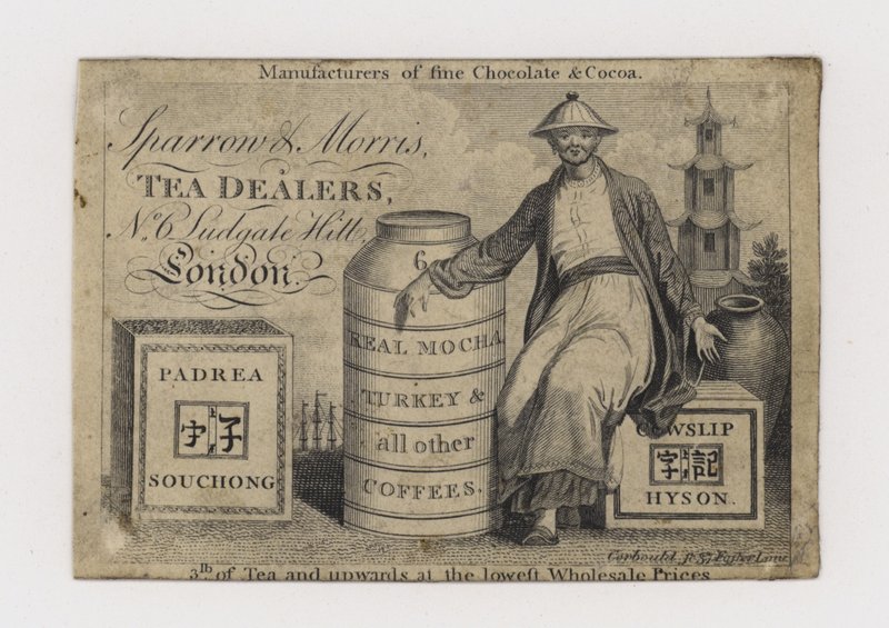 Tarjeta comercial de comerciantes de té, Sparrow & Morris de English School