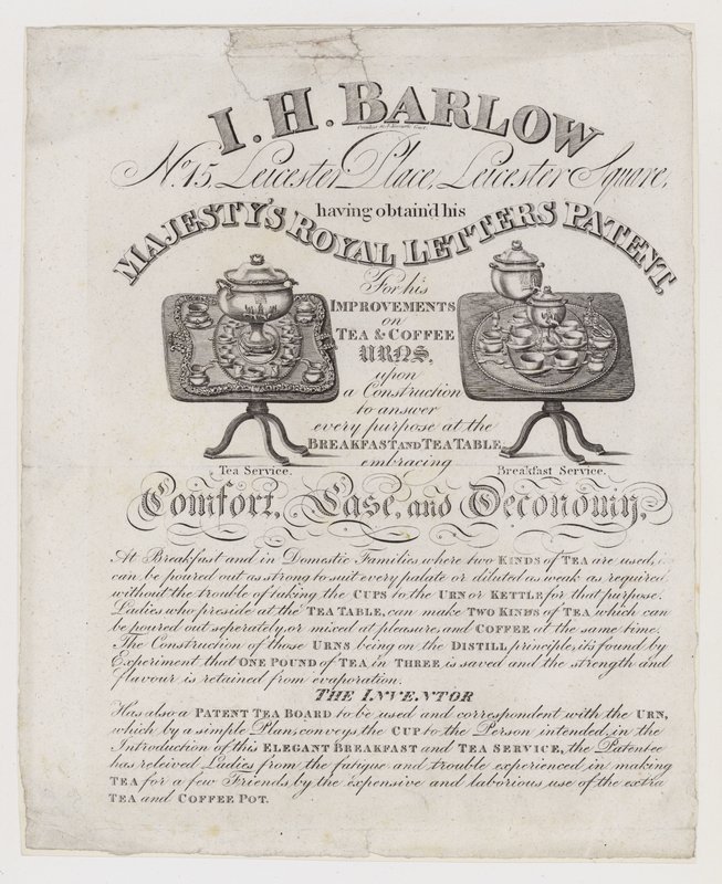 Tarjeta comercial de fabricantes de urnas de té, I H Barlow de English School