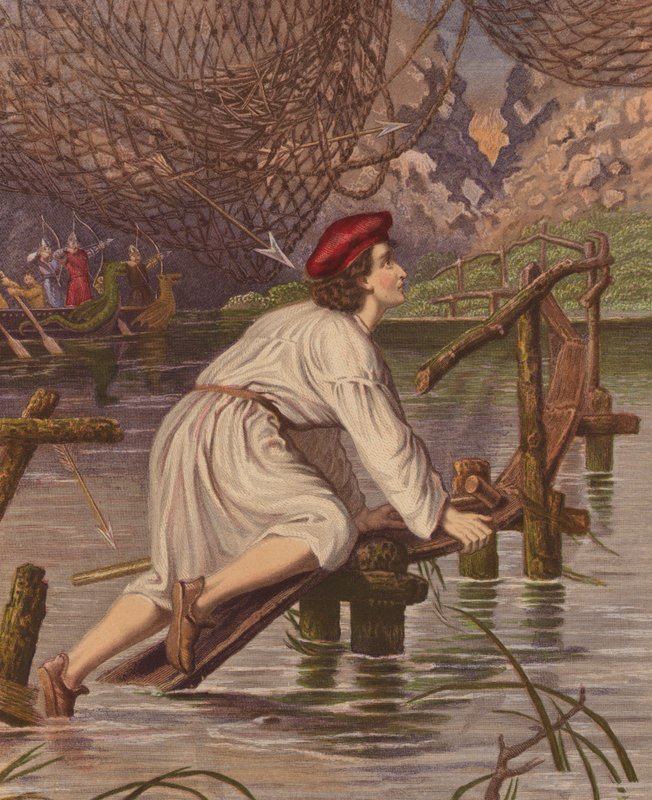 Conciencia tierna cruzando el puente (litografía en color) de English School