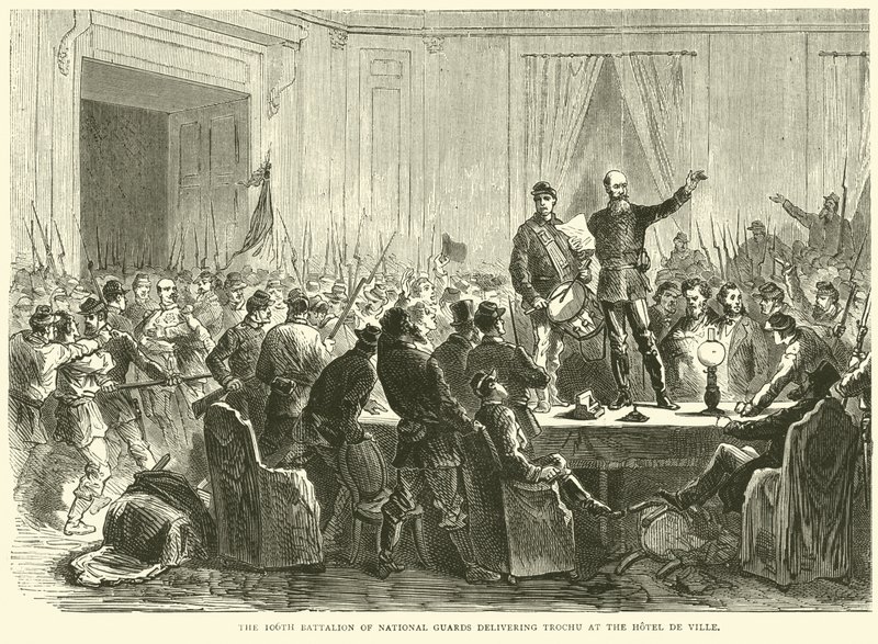 El 106º Batallón de la Guardia Nacional entregando a Trochu en el Hotel de Ville, octubre 1870 de English School