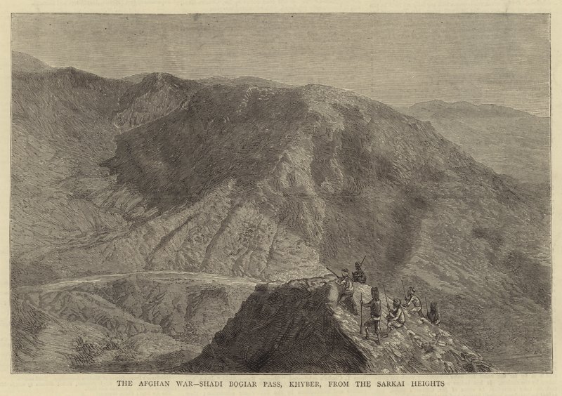 La guerra afgana, paso de Shadi Bogiar, Khyber, desde las alturas de Sarkai de English School