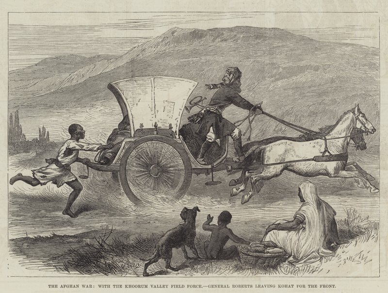 La Guerra Afgana, con la Fuerza de Campo del Valle de Khoorum, el General Roberts saliendo de Kohat hacia el Frente (grabado) de English School