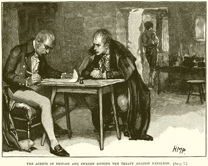 Los agentes de Gran Bretaña y Suecia firmando el tratado contra Napoleón de English School