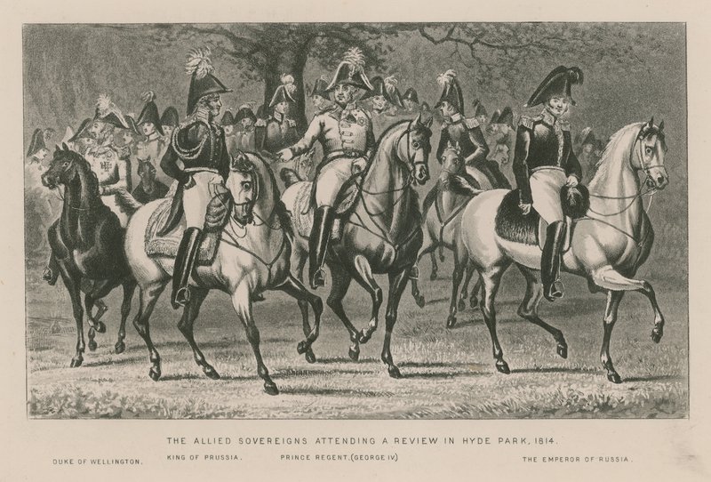 Los Soberanos Aliados asistiendo a una revisión en Hyde Park, 1814 de English School