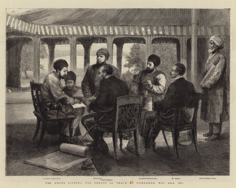 El Emir firmando el Tratado de Paz en Gandamak, 26 de mayo de 1879 (grabado) de English School