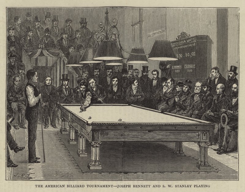 El torneo de billar americano, Joseph Bennett y S W Stanley jugando (grabado) de English School