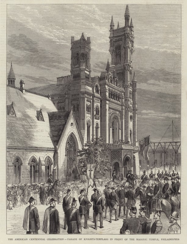 La celebración del centenario americano, desfile de caballeros templarios frente al templo masónico, Filadelfia de English School