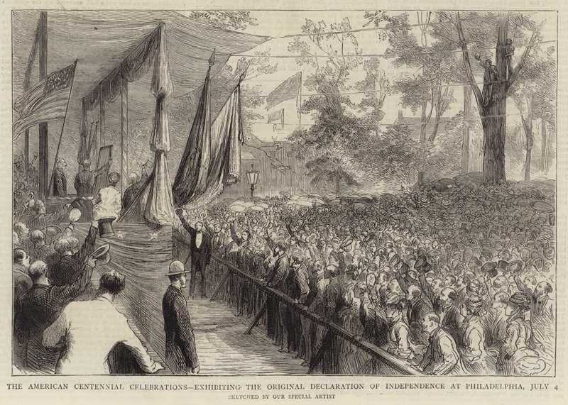 Las celebraciones del centenario americano, exhibiendo la declaración de independencia original en Filadelfia, 4 de julio de English School