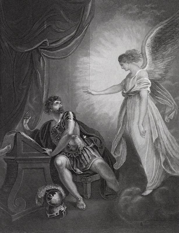 Aparición del ángel a Cornelio, Hechos, cap. 10, v. 4 (grabado) de English School