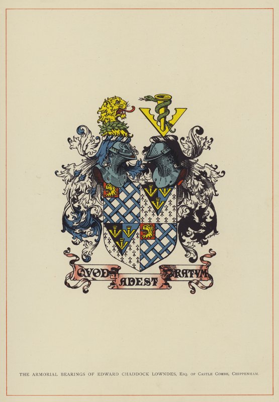 Los escudos de armas de Edward Chaddock Lowndes, Esquire de Castle Combe, Chippenham (litografía en color) de English School