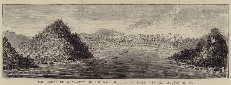 La Guerra Ashantee, Vista de Aquidah, bombardeada por el HMS "Druid", 28 de agosto de 1873 (grabado) de English School