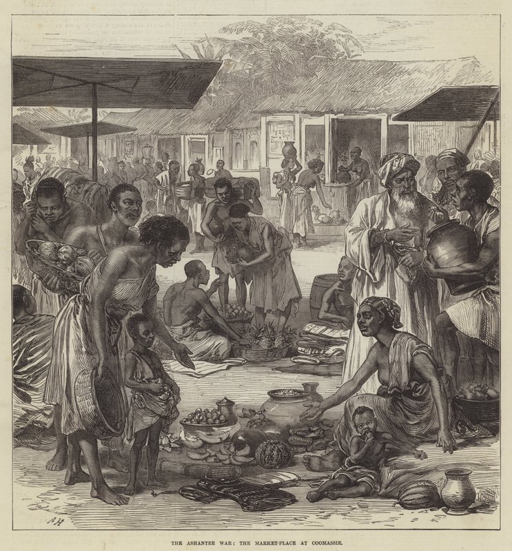 La Guerra Ashantee, la plaza del mercado en Coomassie de English School