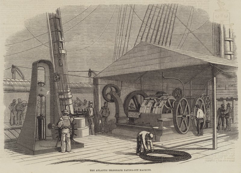 La máquina de pago del telégrafo atlántico (grabado) de English School