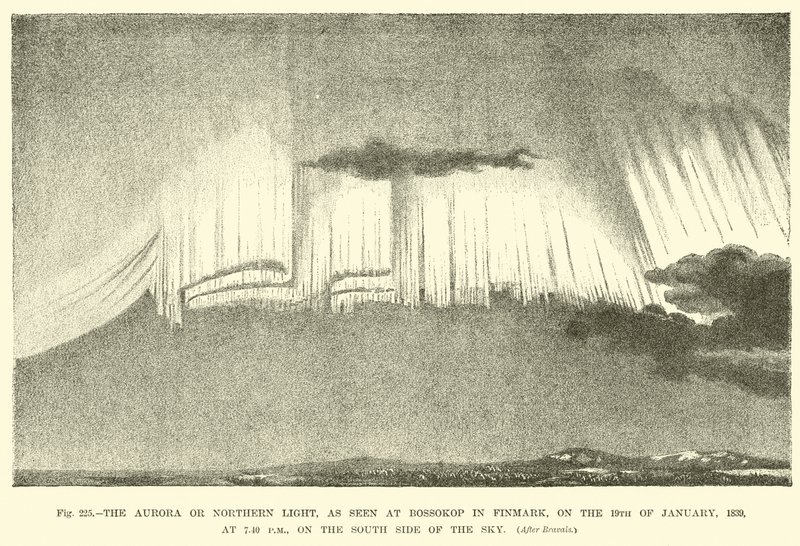La aurora o luz del norte, vista en Bossokop en Finmark, el 19 de enero de 1839, a las 7:40 pm, en el lado sur del cielo de English School