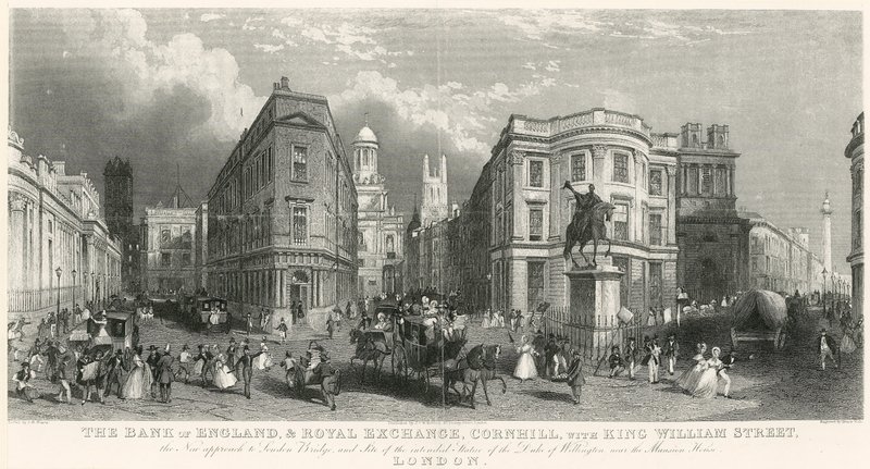 El Banco de Inglaterra y Royal Exchange, Cornhill, con King William Street de English School