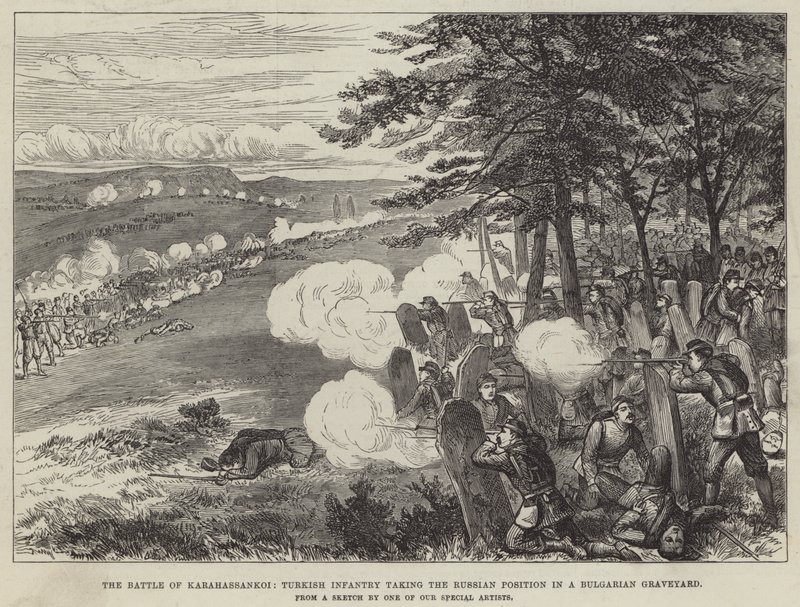 La batalla de Karahassankoi, infantería turca tomando la posición rusa en un cementerio búlgaro (grabado) de English School