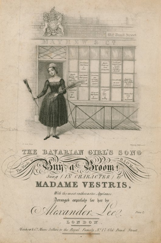 La canción de las chicas bávaras Compra una escoba!, cantada en personaje por Madame Vestris de English School